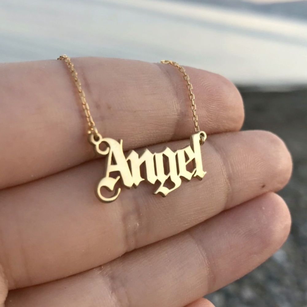 Gold Angel Script Necklace - Picture 2 of 3